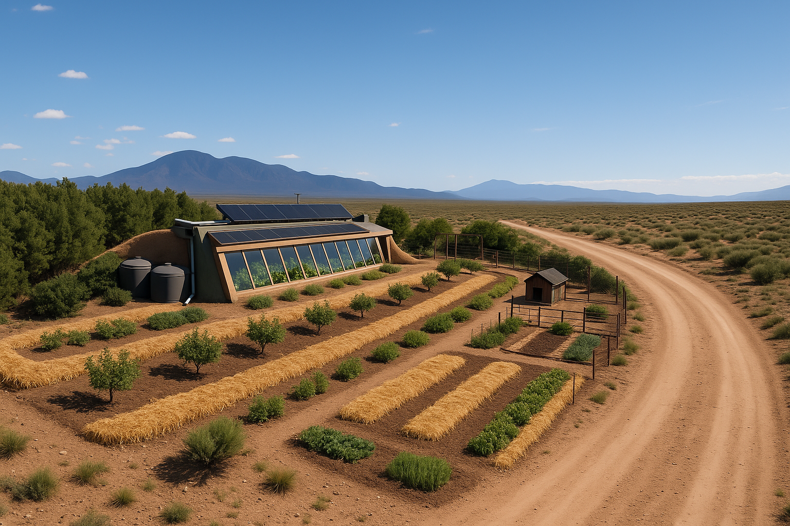 A regenerative food-forest homestead with fruit trees, gardens, and rainwater harvesting designed by Restore Eden